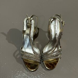 Caparros gold tone with faux rhinestone special occasion sandal with 3” heel